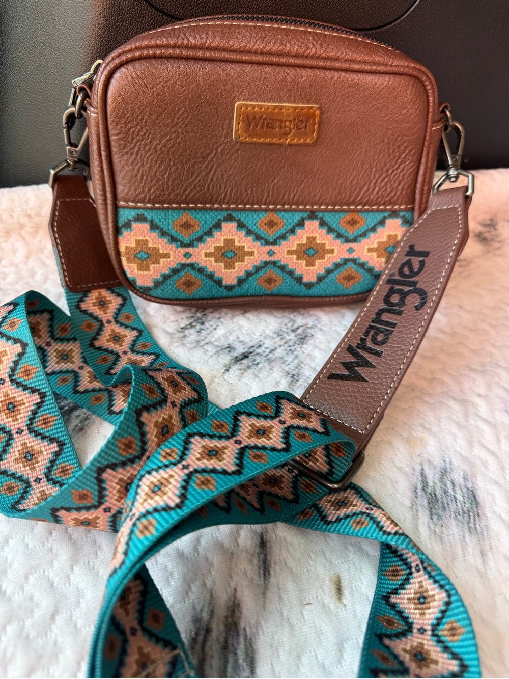 Wrangler Brown Crossbody Bag with Teal Aztec Strap 7” x 6” x 2”